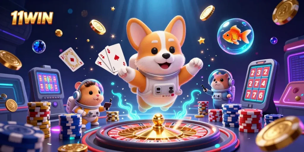 Experience excitement at 11WIN casino with astronauts and golden casino elements in a thrilling 3D scene.