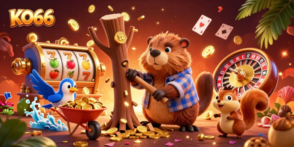 Experience the vibrant world of KO66 with a lively scene of cartoon characters enjoying online casino gaming.