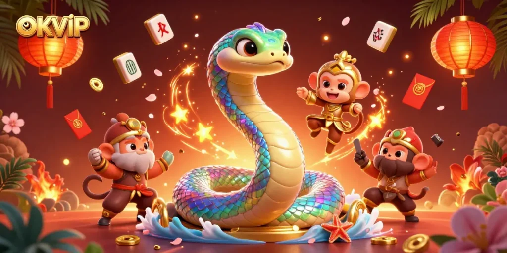 Engage in thrilling gaming at OKVIP, featuring dynamic characters in a vibrant casino scene.