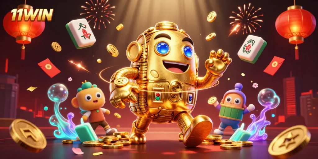 Engage with 11WIN through vibrant 3D illustration featuring a golden golem and casino symbols.