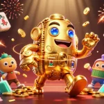Engage with 11WIN through vibrant 3D illustration featuring a golden golem and casino symbols.
