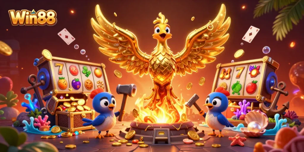 Win88 casino phoenix and slot elements in vibrant 3D illustration for thrilling gambling