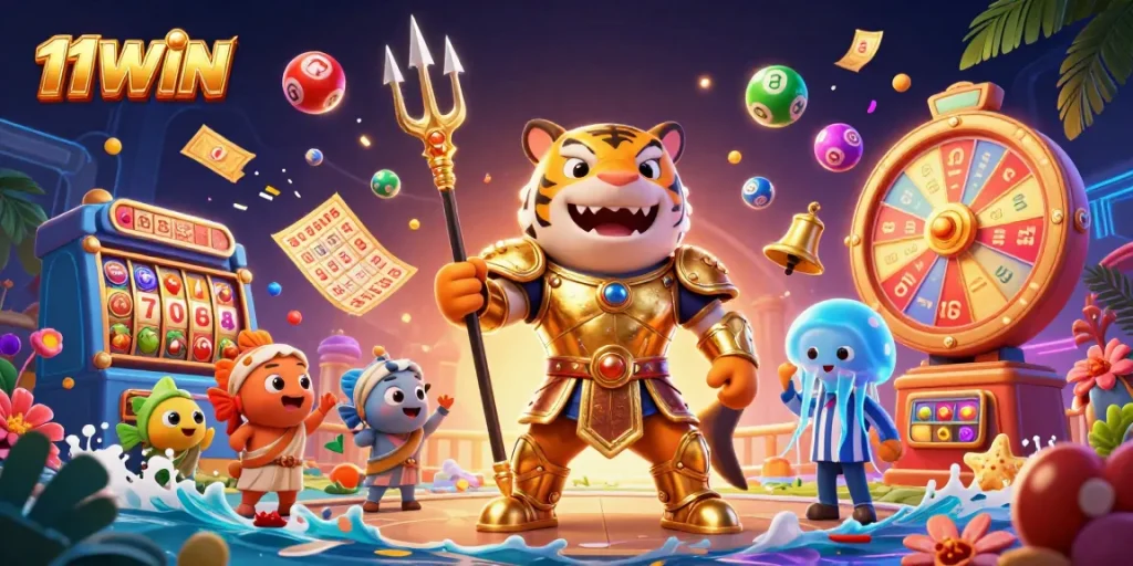 Engage with 11WIN's vibrant underwater casino scene featuring a shark warrior, dynamic prizes, and colorful games.