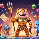 Engage with 11WIN's vibrant underwater casino scene featuring a shark warrior, dynamic prizes, and colorful games.