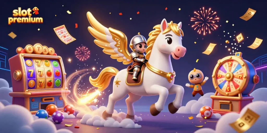 Experience the excitement of slot premium with vibrant 3D elements and a whimsical scene.
