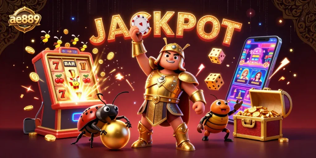 Experience the excitement of ae889 as a jubilant beetle lifts a poker chip amidst a vibrant casino scene bursting with rewards.