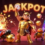 Experience the excitement of ae889 as a jubilant beetle lifts a poker chip amidst a vibrant casino scene bursting with rewards.