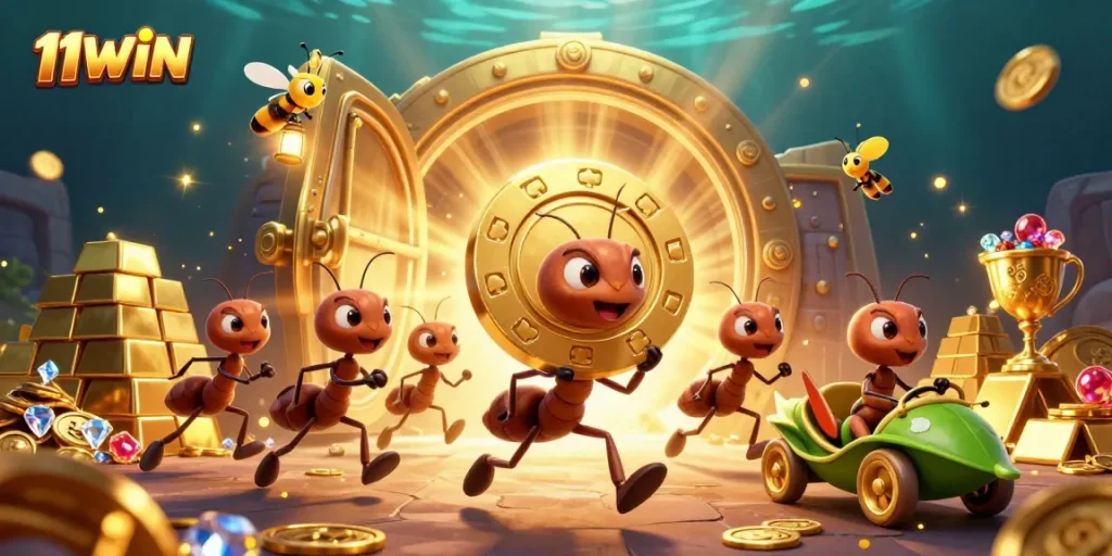 Ants executing a poker chip heist in a dazzling 11WIN casino adventure filled with gold.