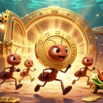 Ants executing a poker chip heist in a dazzling 11WIN casino adventure filled with gold.