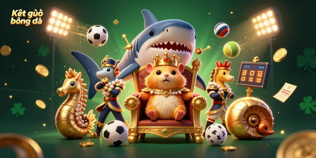 Kết quả bóng đá in a vibrant 3D illustration featuring a hamster king and dynamic sports elements, conveying excitement.