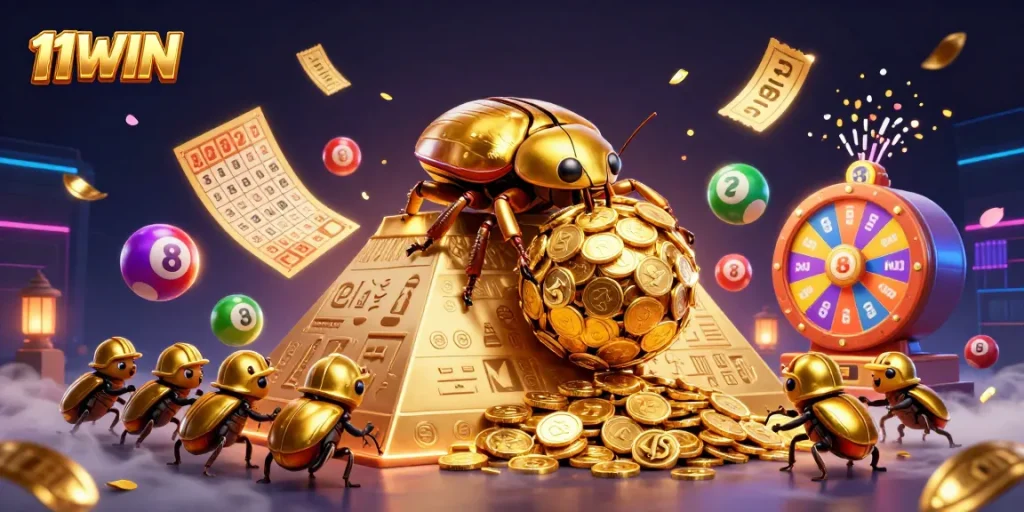 Experience the excitement of 11WIN with colorful lottery balls and golden tickets in a dynamic 3D scene.