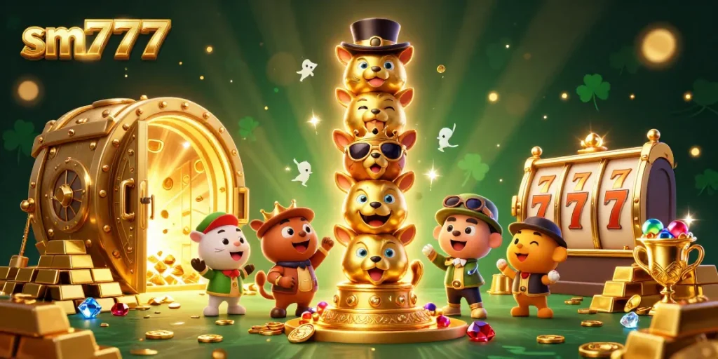 Experience winning excitement with sm777 through vibrant golden casino totem illustrations.