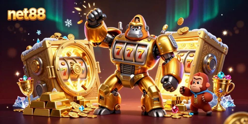 Spin the reels and win big with net88, featuring a sparkling 3D gorilla mech in a vibrant casino scene.