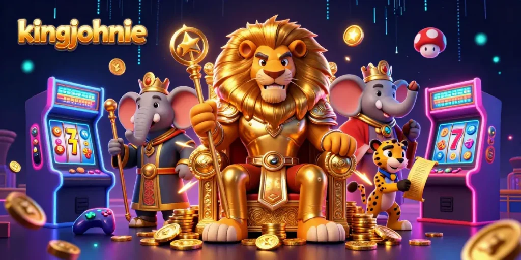 Experience kingjohnnie's dynamic casino world featuring vibrant slot elements and royal characters.