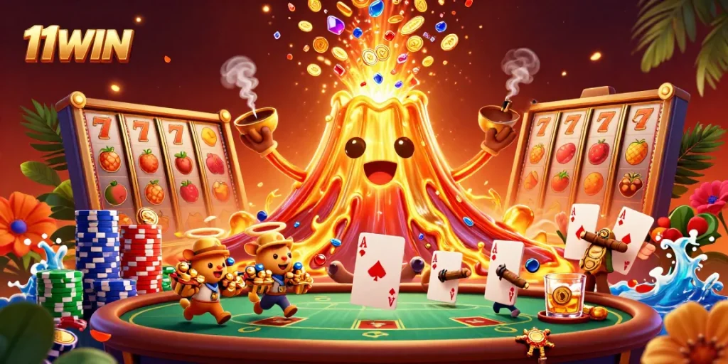 Experience excitement at 11WIN with a thrilling scene of a golden volcano erupting coins and treasures.