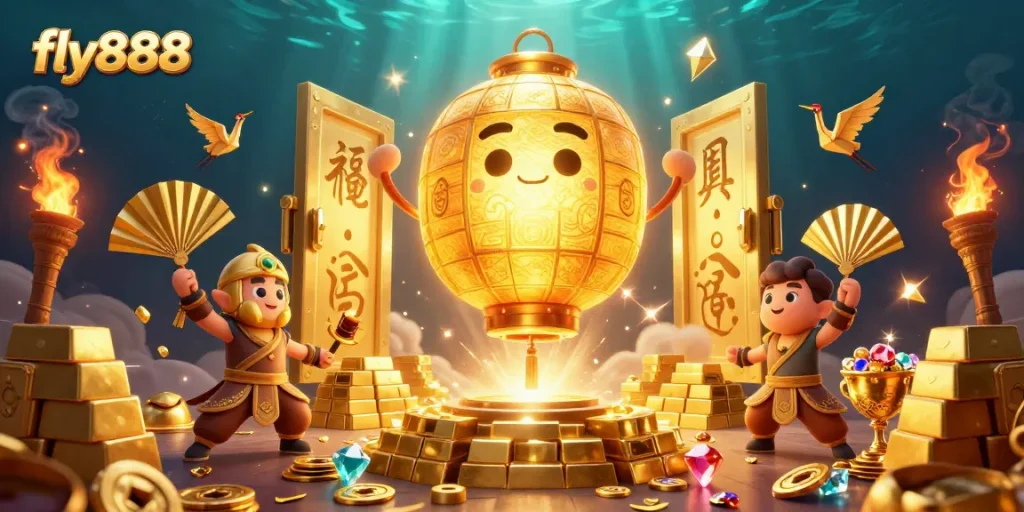 Win big at fly888 with a 3D illustration showcasing vibrant casino elements and golden treasures.