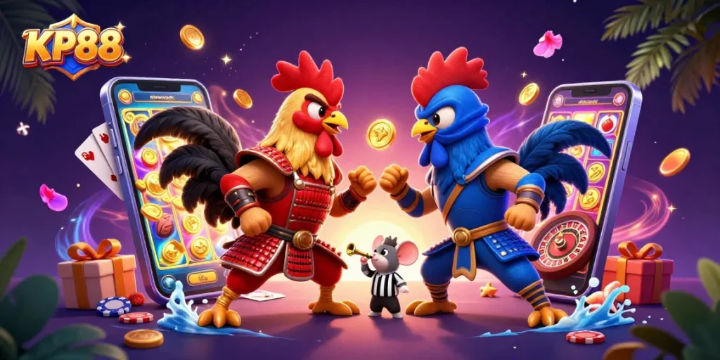 A dynamic KP88 illustration showcasing roosters ready for battle amidst vibrant casino elements and golden coins.