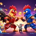 A dynamic KP88 illustration showcasing roosters ready for battle amidst vibrant casino elements and golden coins.