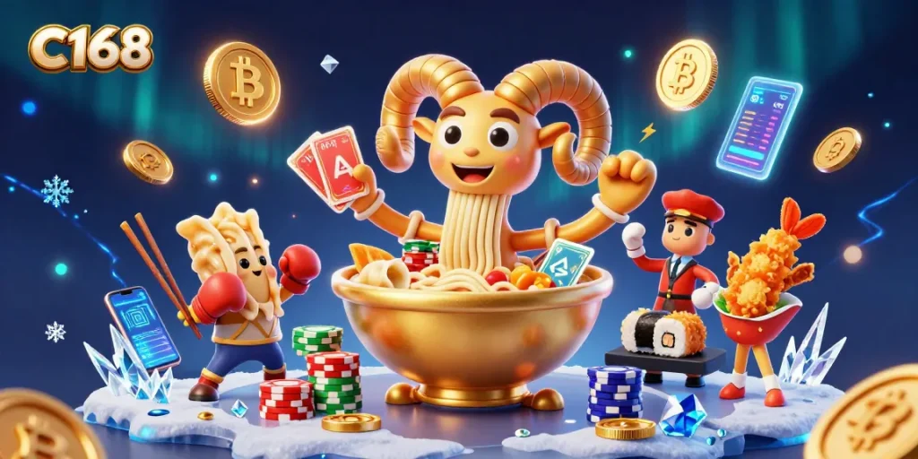 C168 offers a vibrant 3D illustration capturing dynamic casino gameplay with animated characters and crypto elements.