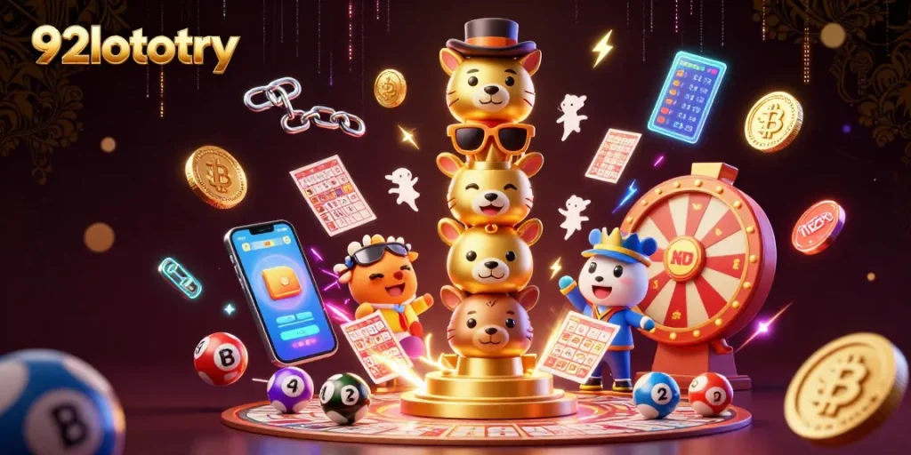 Engage with the dynamic 92lottery online platform showing vibrant elements of bingo, cryptocurrency, and fun