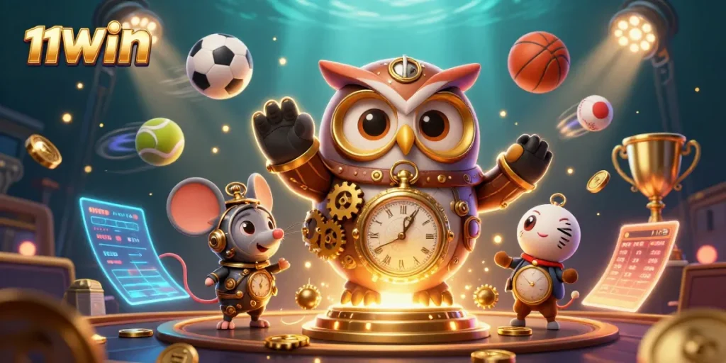 Experience immersive gameplay with 11WIN's vibrant casino scene featuring a time-traveling owl.