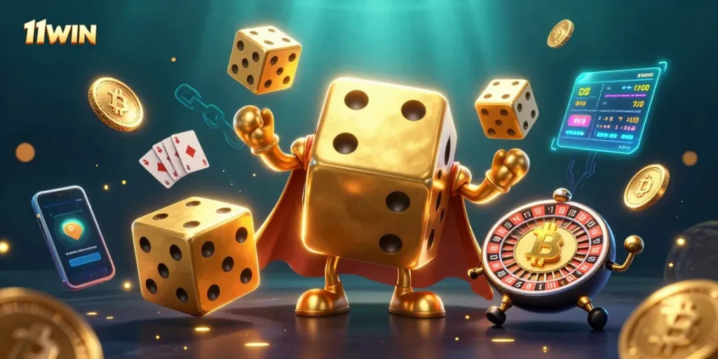 Experience 11WIN with dynamic casino artwork showcasing golden dice and shining crypto coins in a vibrant scene.