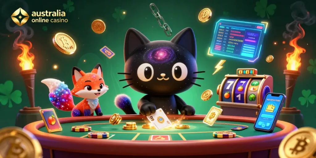 Experience exciting gameplay at an australia online casino with vibrant cosmic cats and slot reels.